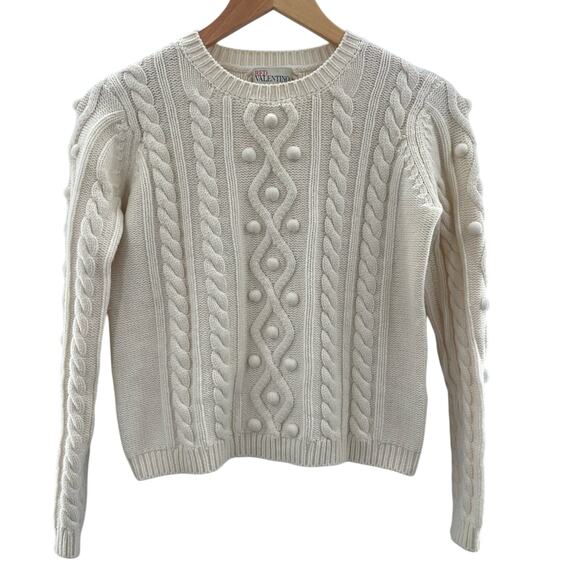 Valentino Red Virgin Wool Cashmere Cable Knit Quiet Luxury Cream Sweater Size XS - Picture 2 of 12